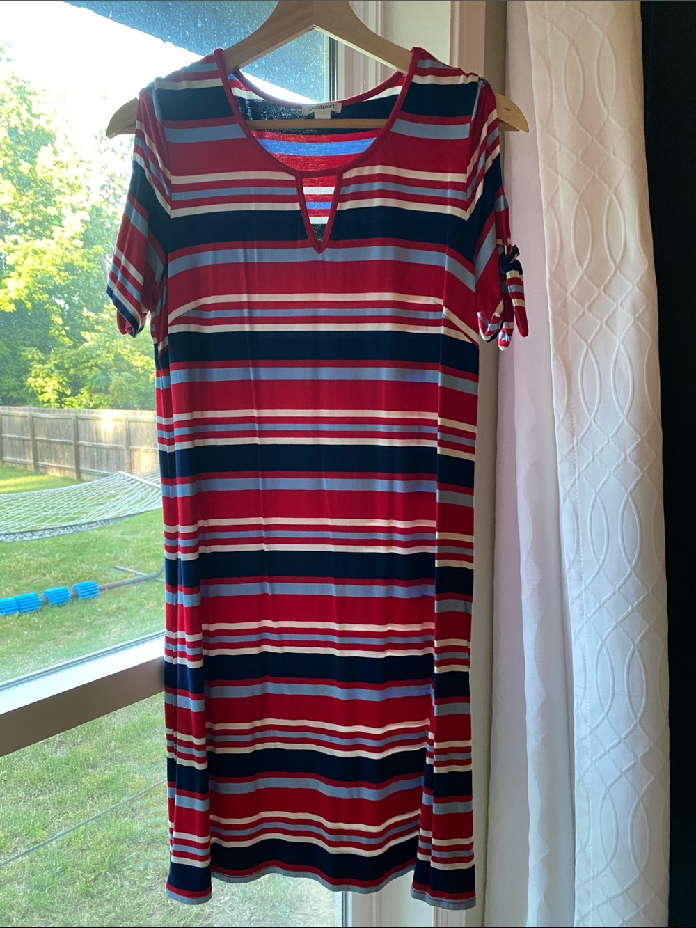 Striped Short Sleeve Knit Dress in Red, Navy & White with peek a boo sleeve